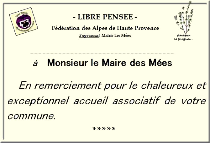 La Libre Pensée des Alpes de Haute Provence remet l&rsquo;ouvrage de l&rsquo;IRELP « Histoire de la Libre Pensée  » à M. le Maire des Mées
